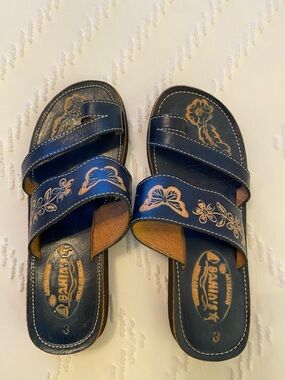Navy Leather Slide Sandals with Floral Detail